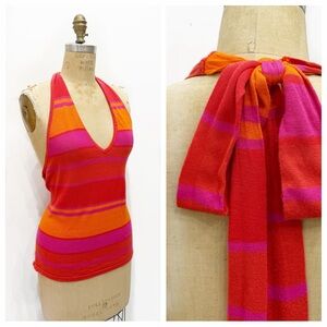 New York & Company Red, Orange & Pink Striped Halter Top